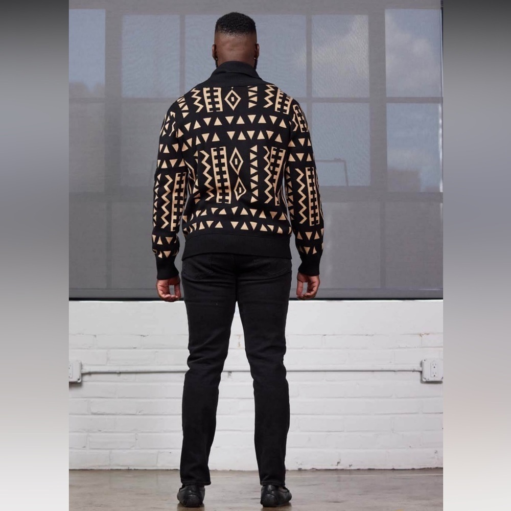 D'iyanu Mens Nwt Cardigan Sweater Sz 3xl African Print Black/Tan Geometric New — image 6 of 8